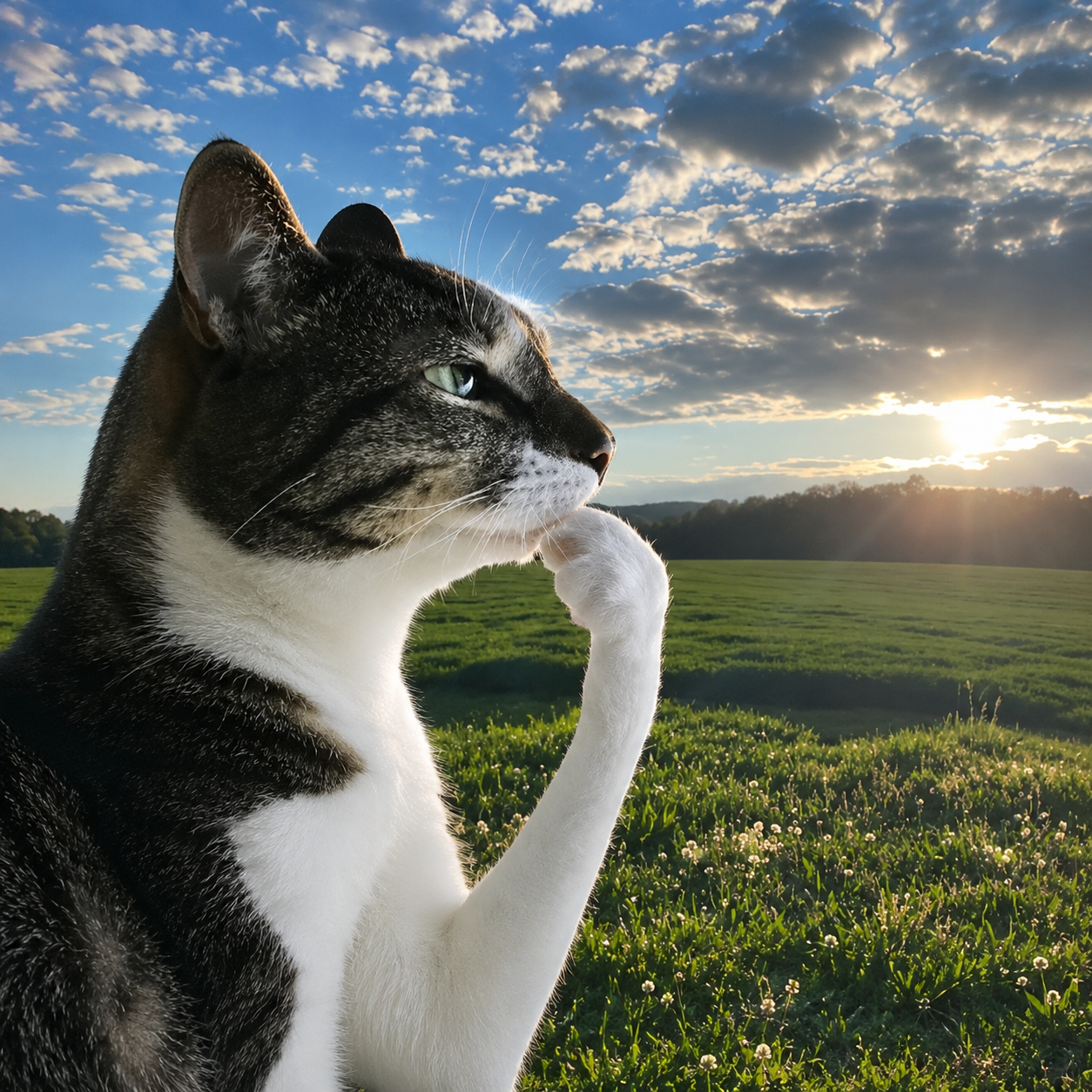 a cat gazing thoughtfully at a sunset meadow, thinking about $HMM